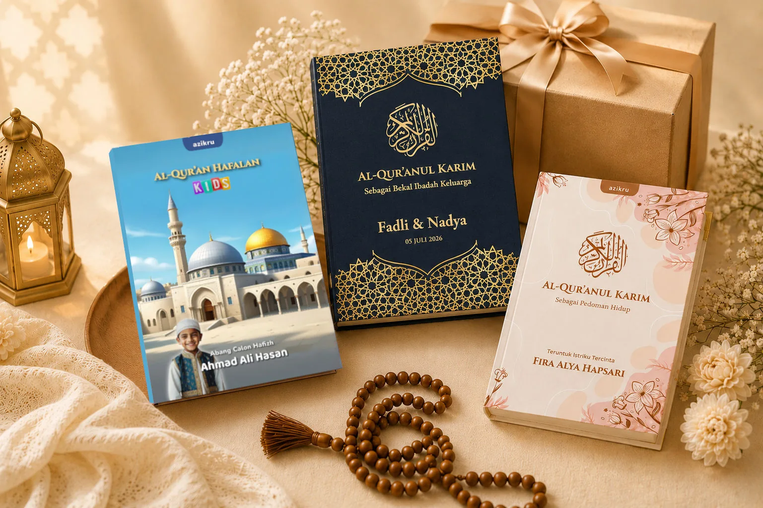 Quran Custom Nama Azikru untuk hadiah Islami dengan desain elegan dan personal.