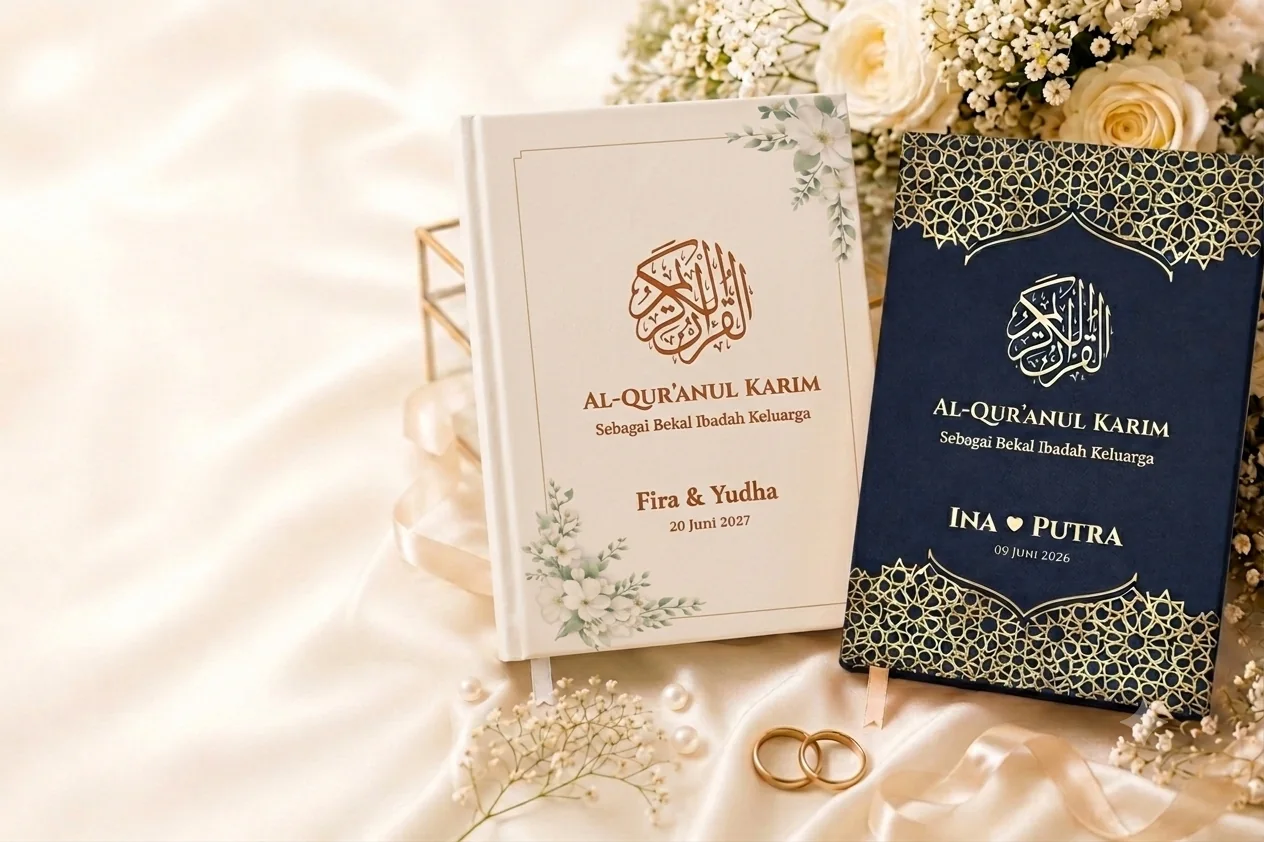 Quran Wedding dengan nama pasangan pada cover